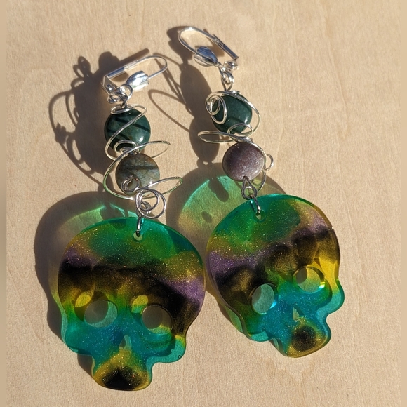 Jasper Sugar Skull Earrings Beads Colorful Cute Skulls Lever Back Artisan - Picture 3 of 8